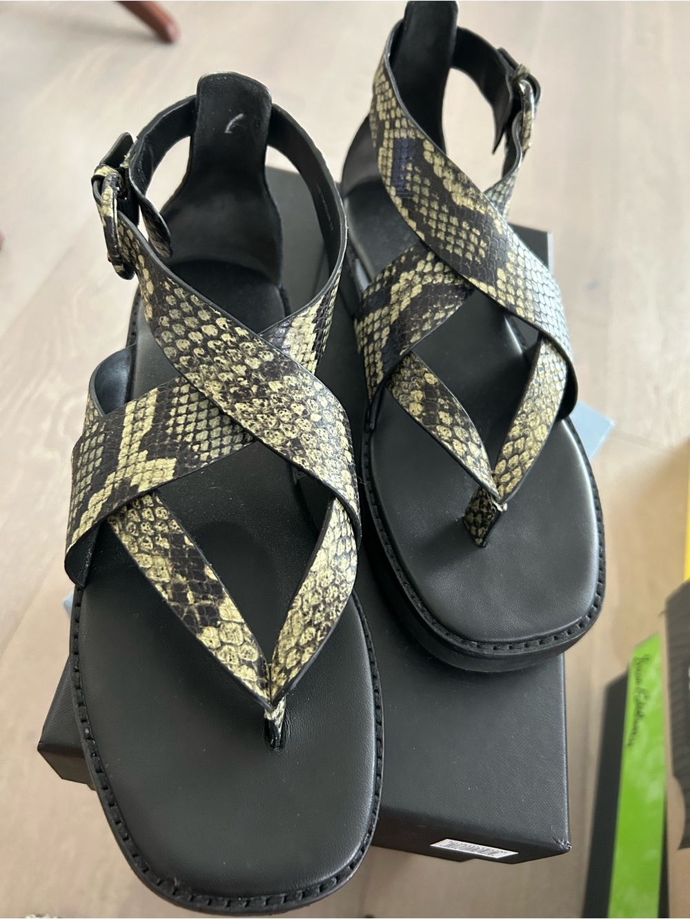 Vince. Snake Print Cross-Strap Sandals in Black and Yellow